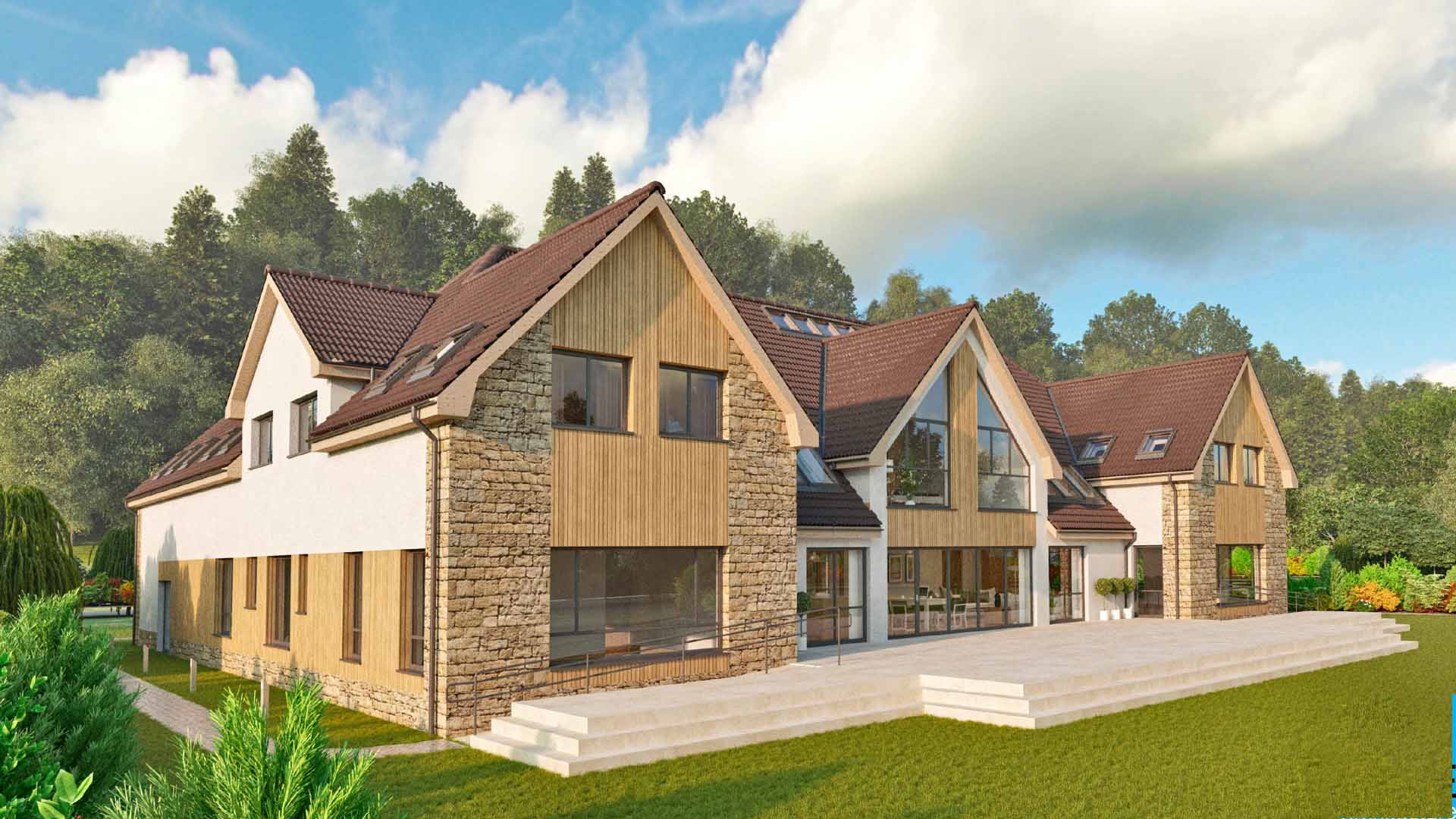 Bridge of Allan — proposed rear elevation render showing terracing and landscape integration