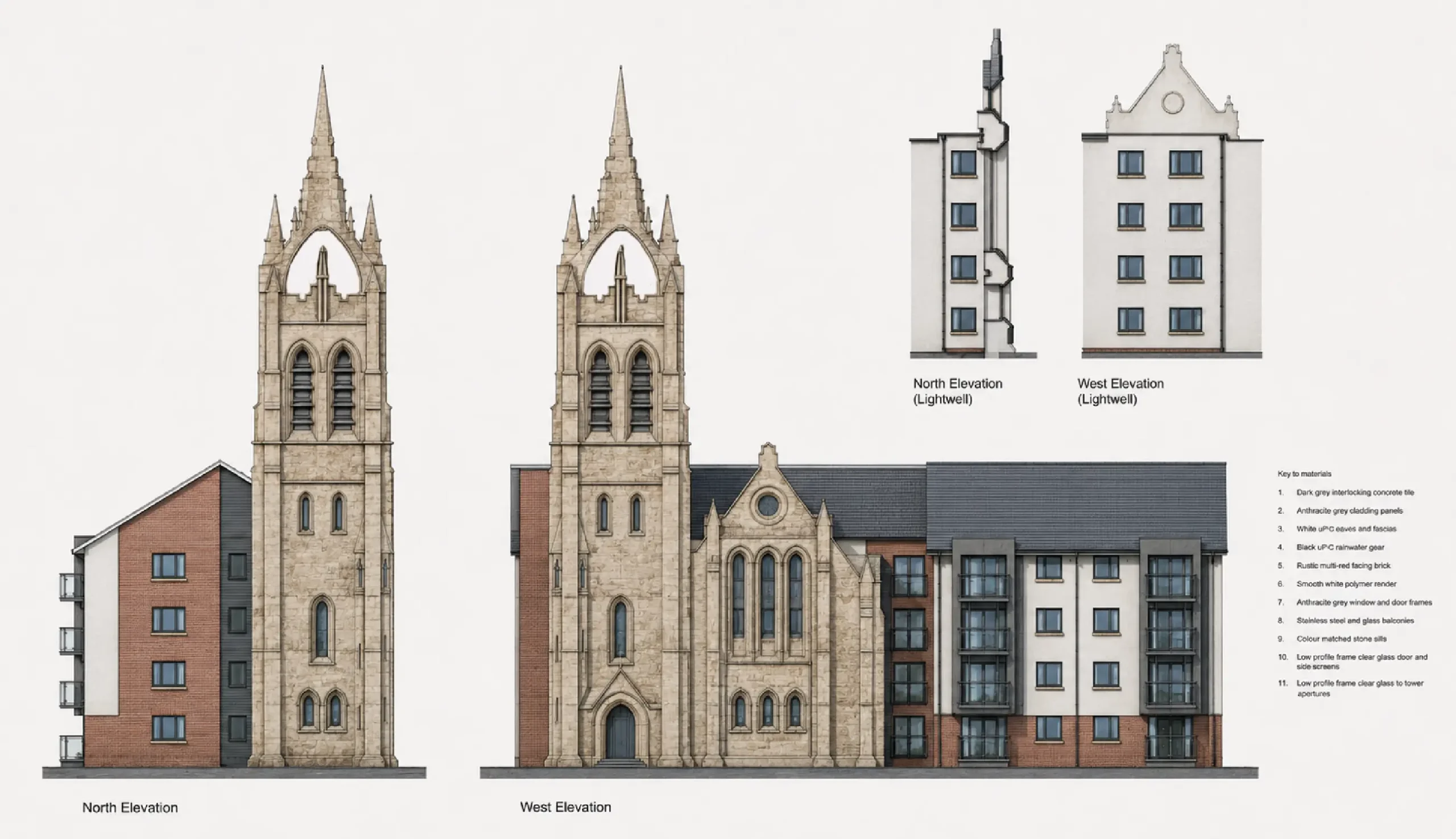Architectural elevations showing the retained Gothic tower and historic frontage with new apartment accommodation