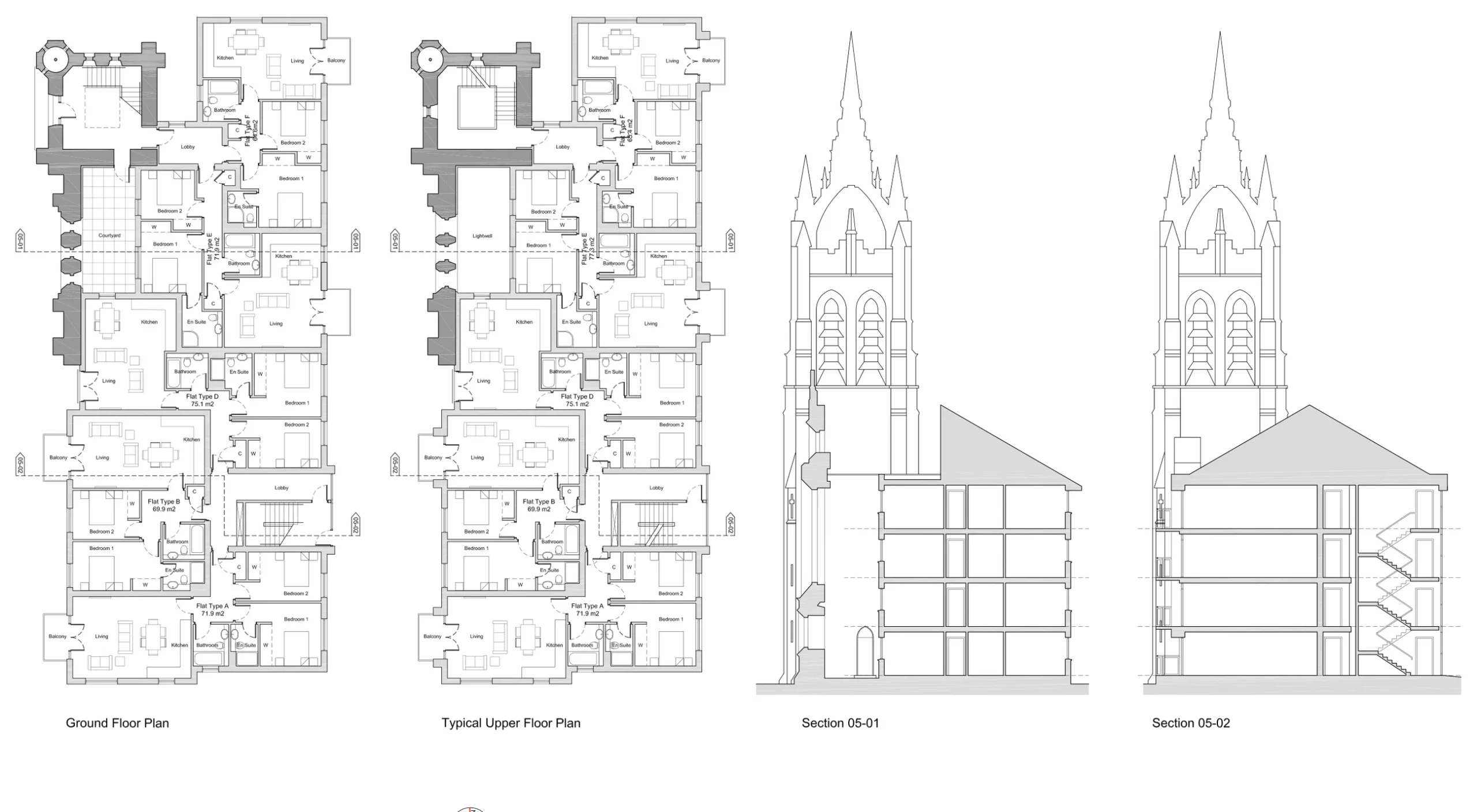 Apartment plans and sections for the residential block incorporating the retained church tower and façade