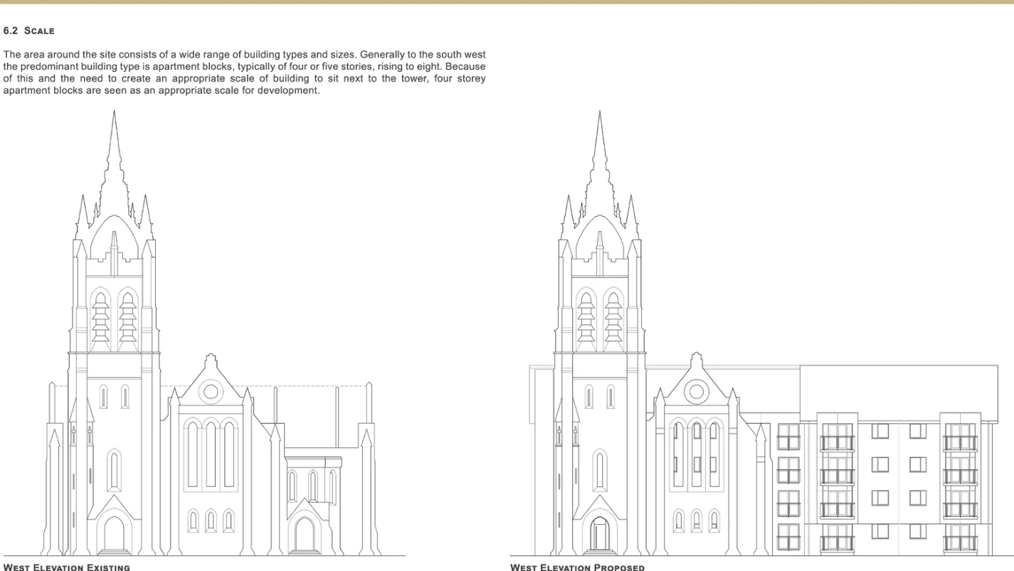 Existing and proposed elevation comparison showing the retained Gothic tower and historic façade integrated with new residential accommodation