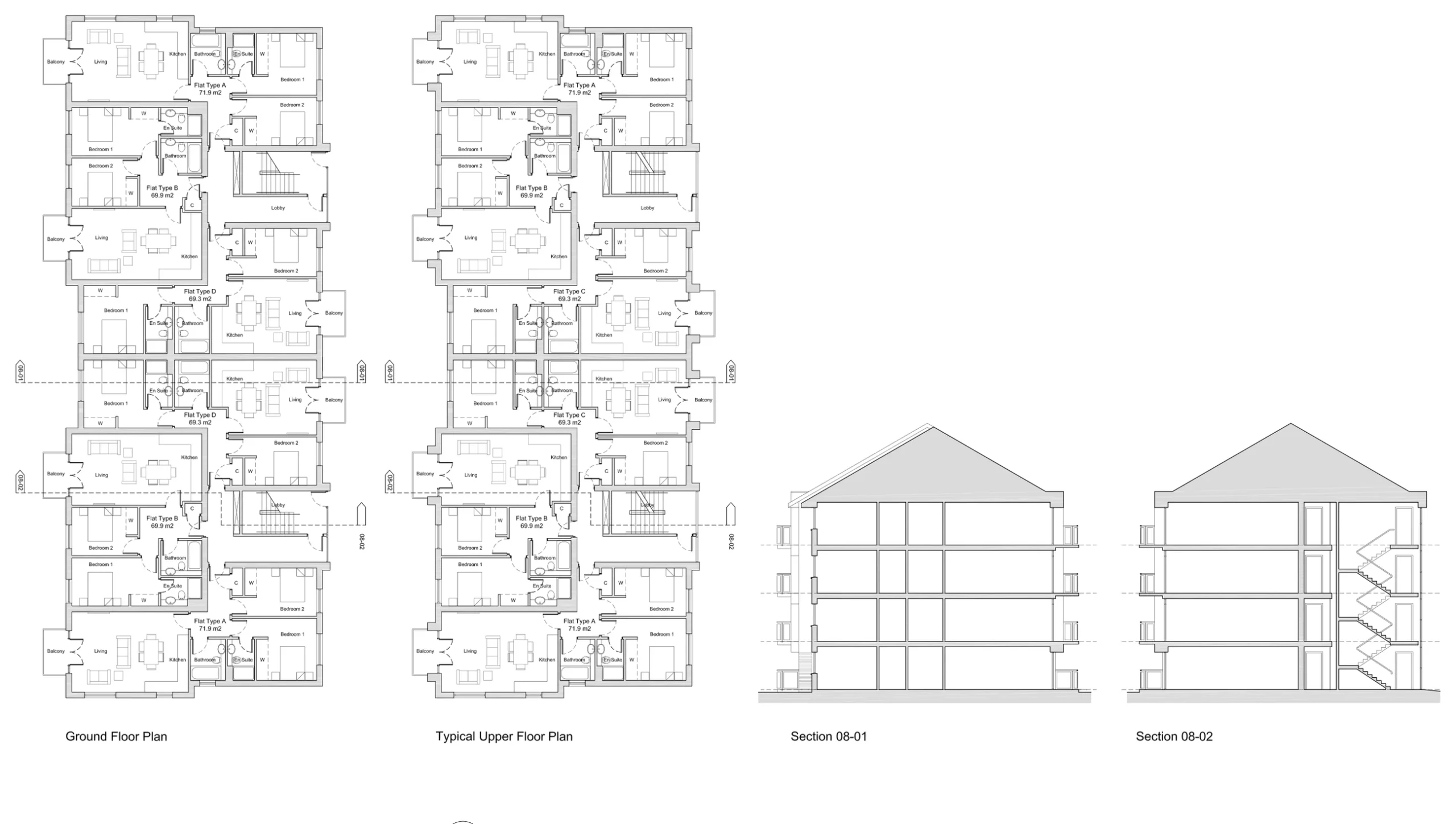 Ground and upper floor apartment plans for the second residential block